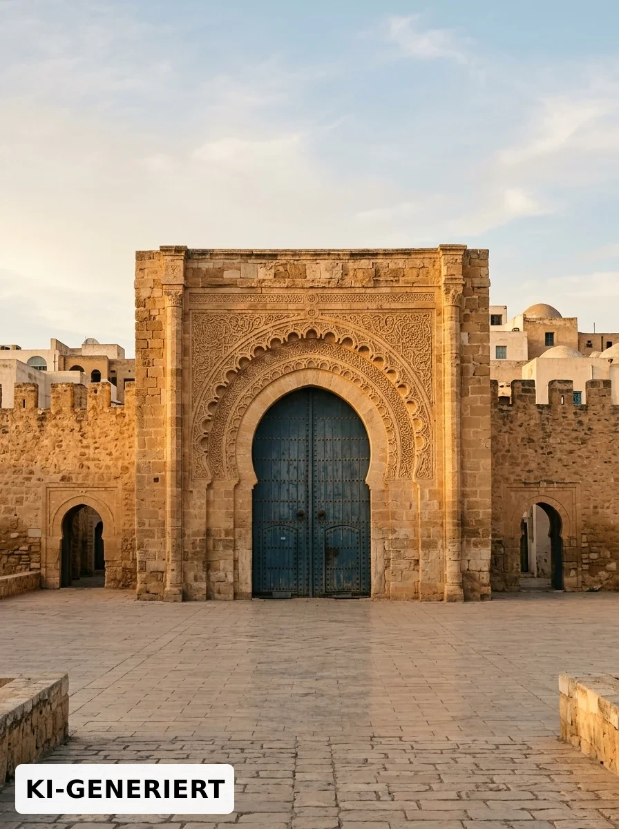 Historic city gate of a Tunisian medina in warm evening light