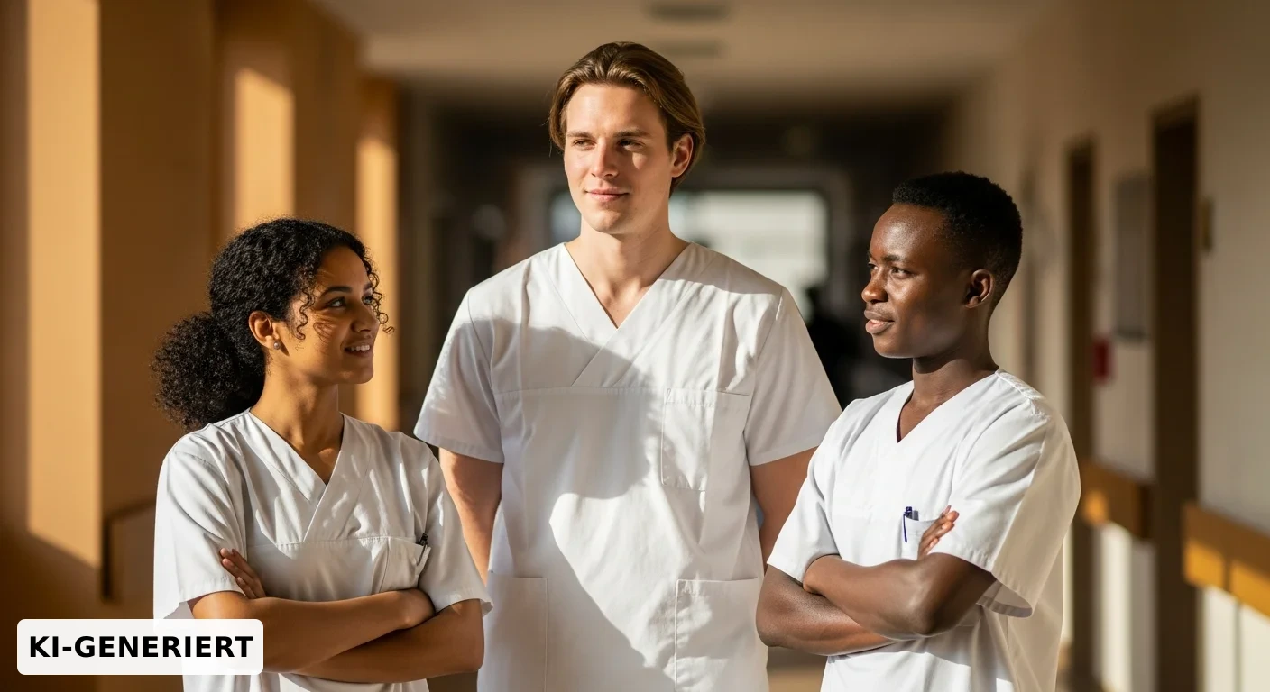 Young, multicultural healthcare team in a sunlit hospital corridor