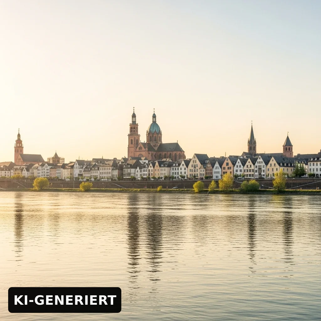 View of Mainz's old town on the Rhine in golden evening light