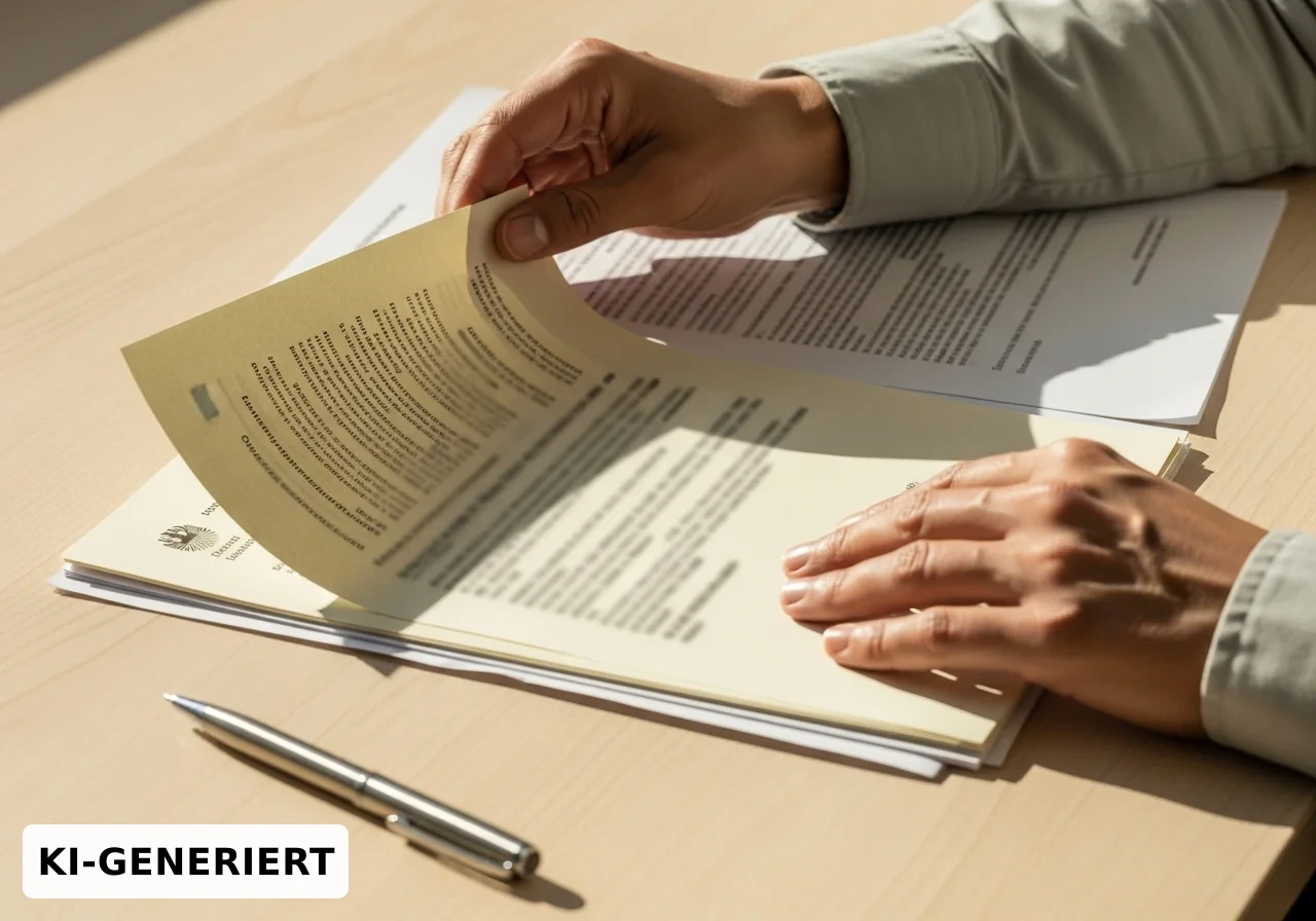 Hands reviewing official documents on a wooden desk
