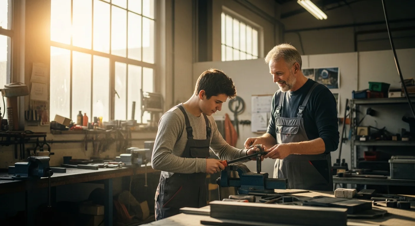 Young trainee learning a trade together with a mentor, warm daylight