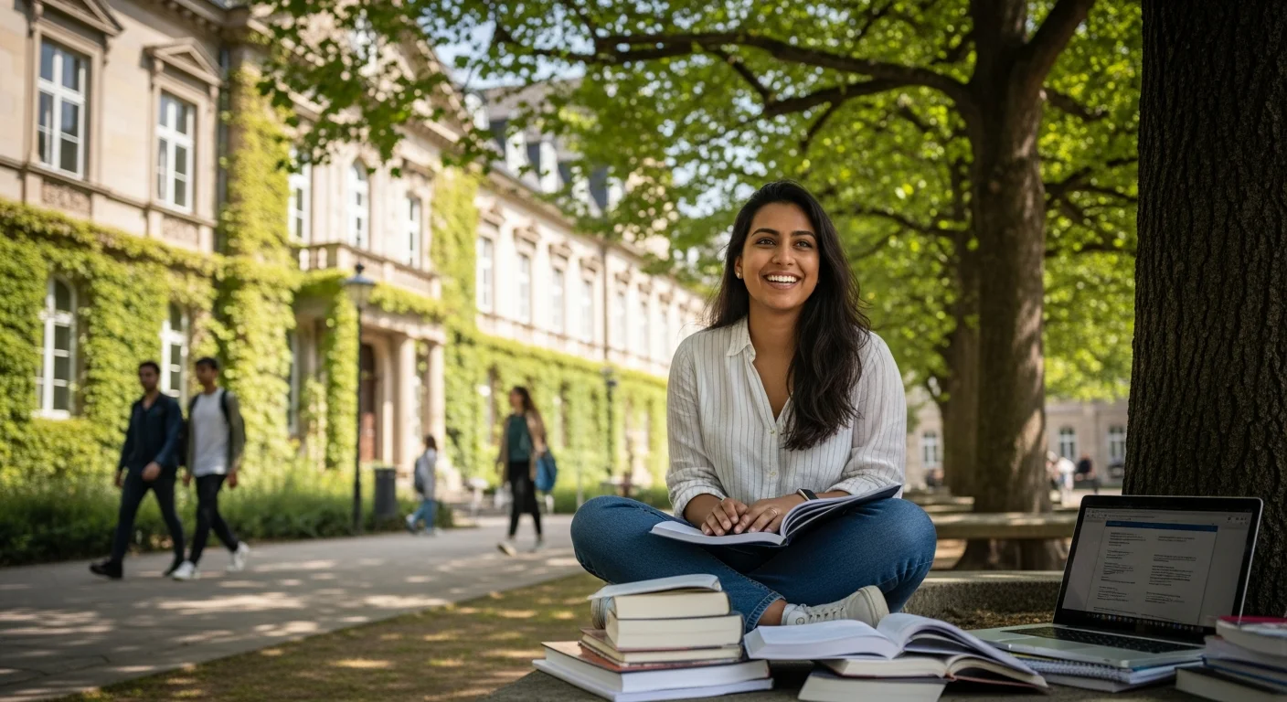 International students on a German university campus with books and a laptop