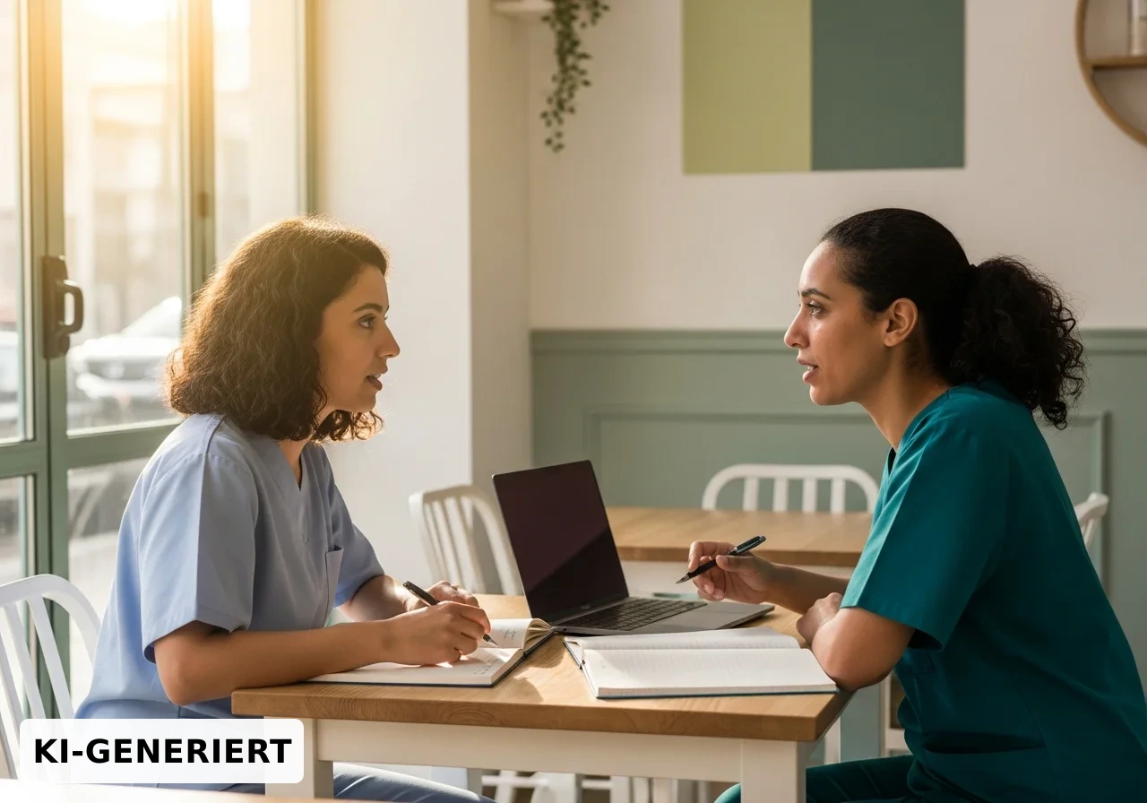Two nurses talking at a table, warm daylight